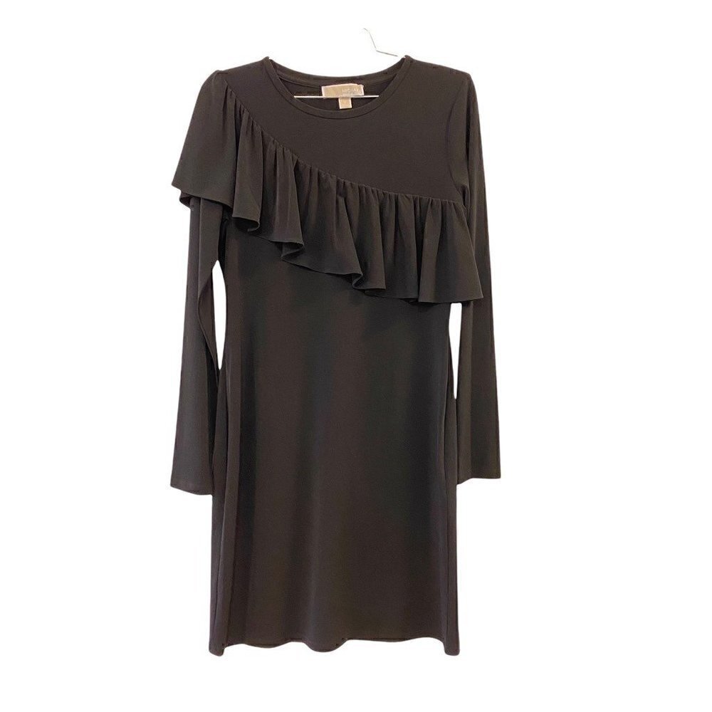 Michael Kors Women Shift Dress Black Stretch Crew Neck Long Sleeve Ruffle Medium